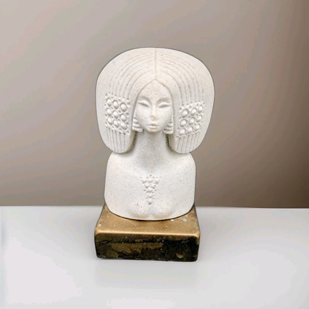 Marbell Stone Bust Sculpture Woman African Beaded Brass 5.25" 1970